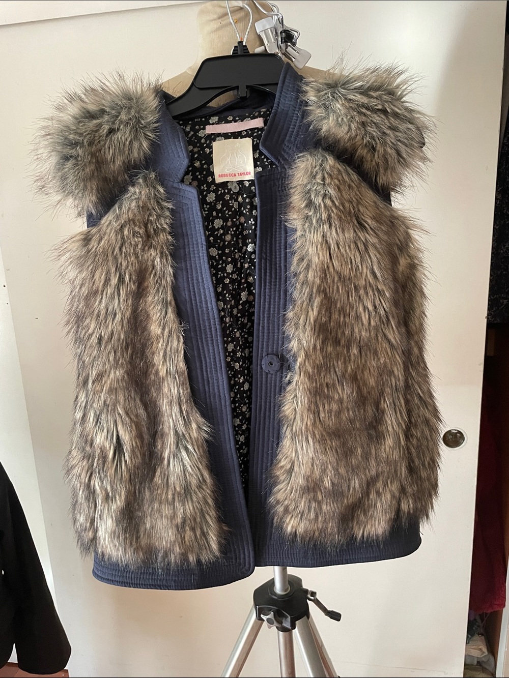 Rebecca Taylor Navy Knit Vest with Taupe Faux Fur Front and Collar